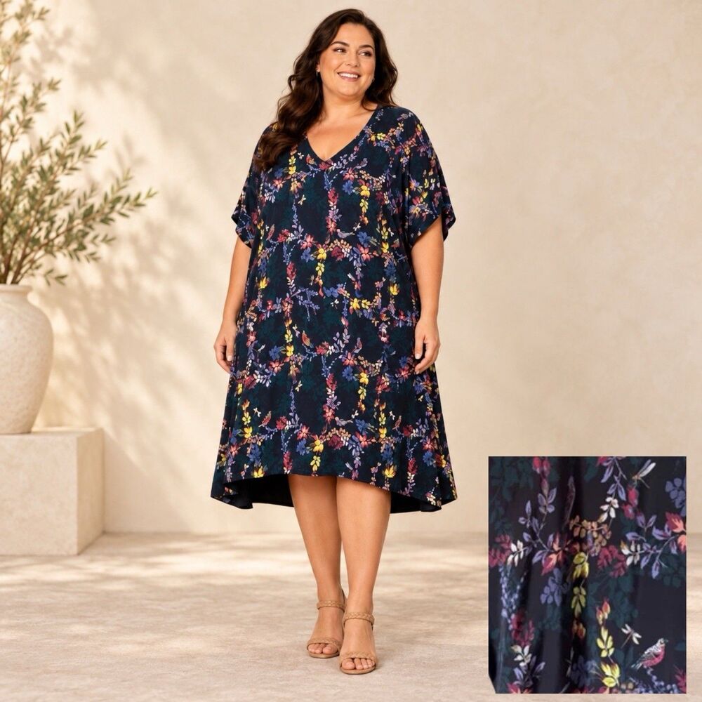 Monsoon Silk Floral Kaftan Dress US 18 Navy Autumn Wedding Guest Romantic Boho